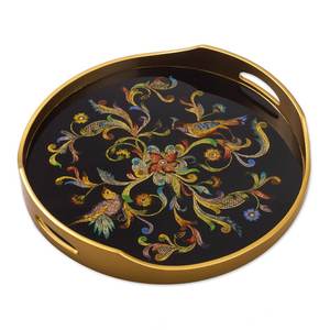 Plateau de service rond décoratif Art Déco fait main pour bois, avec motif abstrait émaillé, fonction coulissante et poignées découpées - Product Image 4