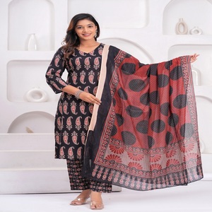 The straight-cut black kurti showcases timeless ethnic motifs, paired beautifully with matching printed <b>ankle</b>-length trousers. - Product Image 1