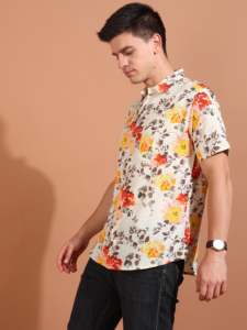 Chemise homme multicolore en coton slub à imprimé floral, coupe classique, avec col chemise et manches courtes, style décontracté mondial - Product Image 2