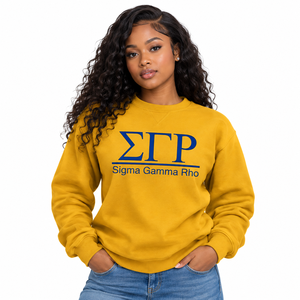 Damen-Sweatshirt in Goldgelb mit Rundhalsausschnitt, königsblauem griechischen Schriftzug und Unterstrich-Grafik, Langarm, Casual-Stil - Product Image 1