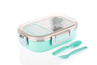 Boîte à lunch en acier inoxydable rectangulaire portable sans BPA, étanche, 2 compartiments, bleue avec couvercle en plastique et ustensiles, nouveau-né