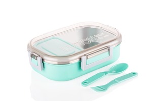 Stainless Steel <b>Lunch</b> <b>Box</b> Rectangle Portable Bpa Free Leak Proof 1 Compartment Blue With Plastic Lid And Utensils - Product Image 4