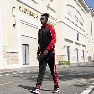 Ensemble de jogging deux pièces pour homme, noir et rouge, à manches longues, col montant zippé, style sportif, couleur unie, respirant, pour l'automne - Product Image 2