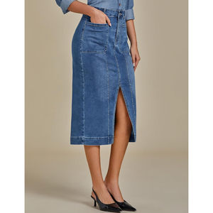 Falda vaquera midi informal de moda para mujer 2026, de talle alto con bolsillos delanteros, por debajo de la rodilla y abertura, estilo vestido maxi lindo - Product Image 4