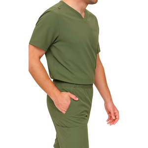 Ensemble de blouses médicales pour hommes vert olive, haut à col en V avec poche et pantalon à cordon, uniforme d'hôpital en tissu tricoté coton-polyester - Product Image 3