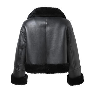 Chaqueta de Cuero Genuino para Mujer, Estilo Racer, Color Sólido, Cierre de Cremallera, Forro de Sherpa, Ropa de Abrigo para Otoño e Invierno, Largo Regular, Manga Larga - Product Image 2