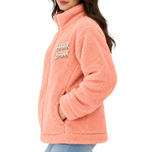 Chaqueta de Sherpa Suave para Mujer, Chaqueta Informal con Cierre Frontal, Ropa de Forro Polar para Exteriores, Superficie de Forro Polar Afelpado, Textura con Logotipo Estampado, Chaqueta de Invierno - Product Image 3