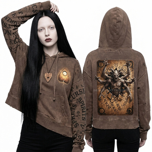 Sudadera con capucha marrón personalizada para mujer, con estampado gráfico de tablero Ouija, mangas desgastadas, textura de felpa, estilo oculto, de fábrica - Product Image 1