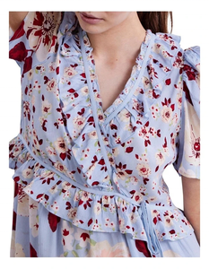 Luxury Lavender Midi Dress Design Collar Frill <b>Short</b> sleeves Regular Fit V-neck All-over floral prints Tiering in <b>skirt</b> - Product Image 2