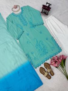 Ensemble Salwar Kameez brodé pour femme en rayonne lourde, avec Kurta à points de chaînette, Palazzo et Dupatta, infroissable, tenue ethnique - Product Image 3