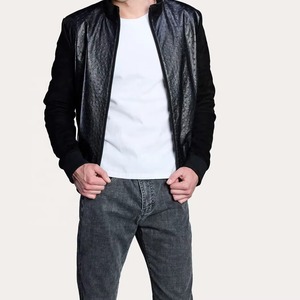 <b>Men's</b> Black Ostrich Embossed Genuine Cowhide Leather <b>Jacket</b> Premium Quality with <b>Suede</b> Leather Arms and Back Windproof - Product Image 5