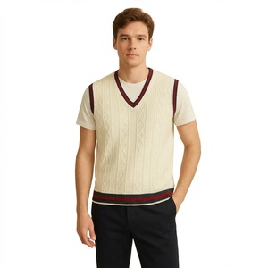 Chaleco de Punto Trenzado con Cuello en V para Hombre, Estilo Preppy Británico, Chaleco Deportivo sin Mangas, con Ribete a Rayas en Contraste, Informal - Product Image 1