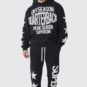 Ensemble de survêtement noir à capuche pour homme avec étoiles blanches, sweat-shirt et pantalon streetwear à manches longues, coupe classique, survêtement imprimé pour homme - Product Image 1