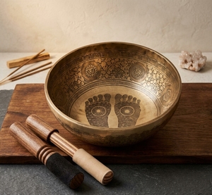 Cuenco Tibetano Hecho a Mano en Nepal con Grabado de Huella de Buda, Cuenco de Meditación para Sanación con Sonido - Product Image 6