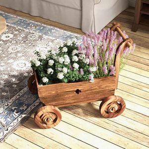 Fioriera Decorativa in Legno a Forma di Carro con Manico, Ruote e Foro di Drenaggio - Product Image 3