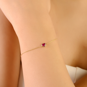 Pulsera Sencilla y Delicada con Forma de Corazón y Rubí, Cadena de Oro Amarillo Sólido de 14K, Regalo para el Día de San Valentín, Joyería Fina - Product Image 4