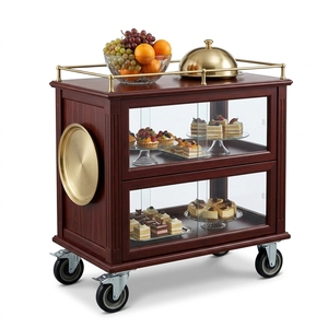 Chariot de cuisine en bois avec portes en verre, 2 étagères, armoire de rangement portable sur roulettes, style antique - Product Image 1