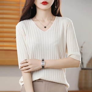 Suéter de punto acanalado con cuello en V para mujer, top informal de ajuste holgado, manga media, jersey suave y ligero, prendas de punto de moda - Product Image 3