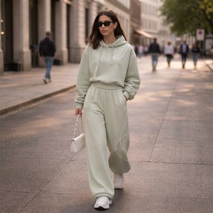 Premium Quality Women <b>Mint</b> <b>Green</b> Cotton Hooded Tracksuit Set Casual Loose Fit Full Length Solid Color With Side Pockets - Product Image 1