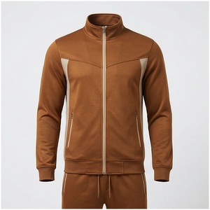 Ensemble de survêtement marron pour homme, manches longues, col montant, fermeture éclair sur le devant, couleur unie, respirant, coupe décontractée, vêtements d'automne - Product Image 1