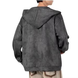 Acid Wash Zipper-Up <b>Hoodie</b> Cotton Fleece Drop Shoulder No <b>Strings</b> Breathable Winter Regular Fit Men's - Product Image 3