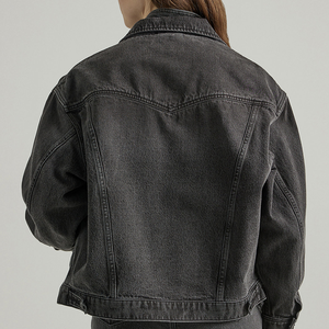 Veste en jean unisexe délavée noire à col rabattu, manches classiques, coupe décontractée ample, vêtement d'extérieur en coton pour l'automne - Product Image 3