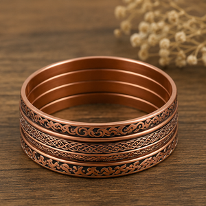 Premium Textured Multi Ring Pure Copper Bangle <b>Stack</b> Handmade Embossed Pattern Metal Jewelry Exquisite Design - Product Image 5