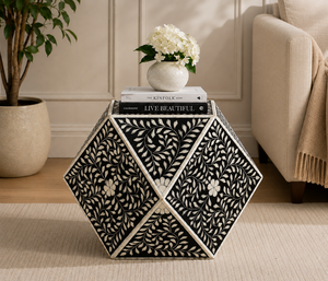 Table basse géométrique en résine faite à la main avec incrustations d'os, table d'appoint à motif zigzag, table de chevet en os incrusté pour chambre et salon - Product Image 2