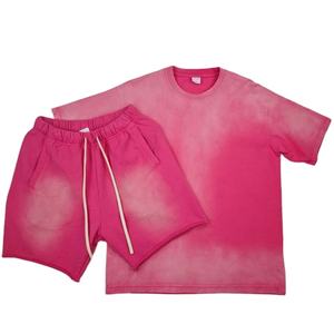 Conjuntos de Camisetas y Pantalones Cortos de Punto Sólido Casuales de Verano con Lavado Ácido, Dos Piezas, Transpirables, de Algodón, para Hombre, Precio Económico - Product Image 1