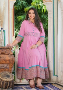 Women's <b>Plus</b> <b>Size</b> Polyester Anarkali Kurta Pink SOLID Embroidered Shirt Collar Three Quarter Sleeves Comfortable Wear - Product Image 2