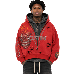 Sweat à capuche zippé personnalisé avec motif crâne vieilli, surdimensionné, orné de strass, double couche, camouflage, épais, style Y2K vintage streetwear - Product Image 1