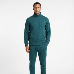<b>Men</b> Solid Color Full Zip Tracksuit Stand Collar Cotton Casual Wear Autumn Regular Fit Side Pockets Midweight Jacket Pants Set - Product Image 1