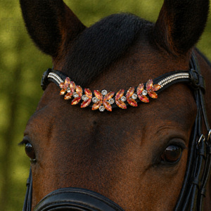 Luxury Crystal Horse Browband Black Leather Headstall with Orange Rhinestone Decoration for <b>Equestrian</b> Riding - Product Image 1