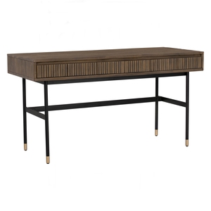 Modern Slatted <b>Wood</b> Office <b>Desk</b> with Industrial Black Metal Frame and Gold-Tipped Legs for Home and Office - Product Image 1
