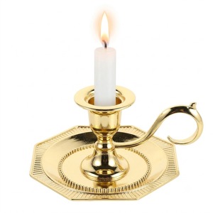 Gold Brass Chamberstick <b>Candle</b> Holder Handled Taper Stand Vintage Octagon <b>Dish</b> Base Candleholder Home Table Wedding Christmas - Product Image 1