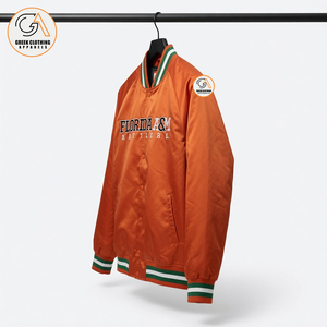 High Quality Wholesale Glossy Satin FAMU Bomber Jacket Custom <b>Covered</b> <b>Button</b> Rib Varsity Outerwear Hooded Eco-Friendly - Product Image 3