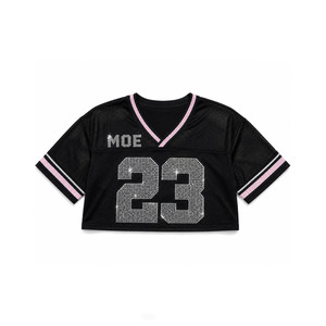 Custom Printed Sports Fashion Black Crop <b>Top</b> American Football Jersey Trending <b>Rhinestone</b> Crystal Loose Fit Women Teamwear Tee - Product Image 4