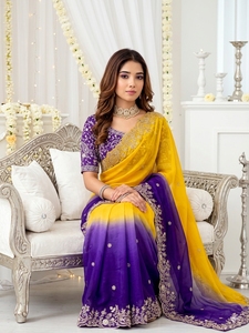 AARA Fashion <b>Purple</b> and Yellow Embroidered Silk <b>Saree</b> with Paisley Border Traditional Drape for Wedding Sun Protection - Product Image 2