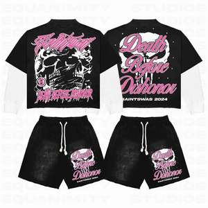 Ensemble 2 pièces vintage personnalisé pour homme : sweat à capuche court et short délavé, effet usé, avec logo imprimé et effet soleil éclairé - Product Image 4