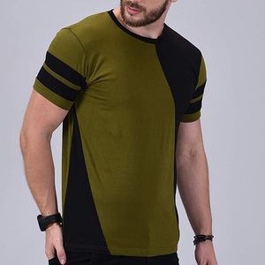 เสื้อยืดคอกลมแขนสั้นผู้ชาย สีเขียวมะกอก-ดำ ตัดต่อสี ดีไซน์ขอบตัดกันแบบลำลอง ผ้าถัก - Product Image 4