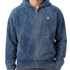 เสื้อฮู้ดซิปวินเทจผ้าฝ้ายฟลีซสำหรับผู้ชาย พิมพ์โลโก้ได้ตามต้องการ สีน้ำเงิน สไตล์สตรีทแวร์ ซิปเต็มตัว ผลิตภายใต้แบรนด์ของคุณเอง - Product Image 2