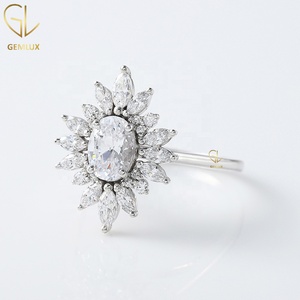 Oval Cut Moissanite Diamond Halo Cluster Engagement <b>Ring</b>, <b>925</b> <b>Silver</b> Moissanite Diamond Sunburst <b>Ring</b> For Women Anniversary Gift - Product Image 3