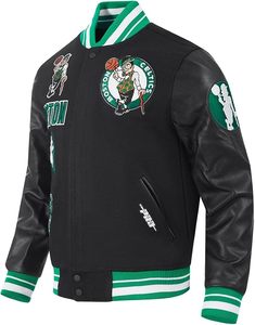 Chaqueta Bomber Versity de los Boston Celtics, Bordada, de Lana/Poliéster y Cuero, con Ribete en Contraste Negro y Verde, para Adultos, Casual, de Primavera, de Secado Rápido - Product Image 4