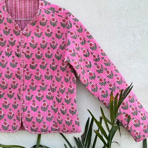 Chaqueta Acolchada de Algodón con Estampado Floral Rosa, Cuello en V, Manga Tres Cuartos, Ropa de Abrigo de Primavera para Mujer - Product Image 2