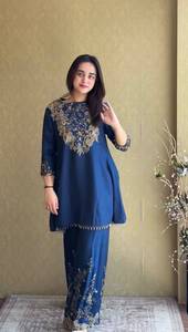 <b>Women</b> Traditional Embroidered Floor-Length Wrinkle-Free <b>Kurta</b> Palazzo Set Party Wear Collection Malay Crape Beads Embroidery Top - Product Image 1