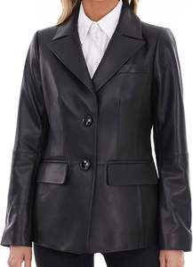 Veste de moto en cuir de vache pour femme, coupe-vent, manches longues, col rabattable, fermeture éclair, couleur unie, longueur normale, style hiver - Product Image 5