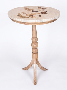 Table basse ronde en bois durable avec plateau en faux marbre et incrustation papillon pour salon - Product Image 1