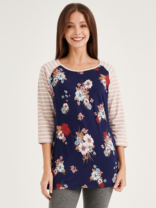 Haut d'allaitement Bmama à manches 3/4, motif floral, accès latéral dissimulé, en mélange de coton, vêtements de maternité, vente en gros - Product Image 4