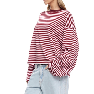 Camiseta de Mujer a Rayas, Manga Larga, Cuello Redondo, Tejido de Punto, Corte Holgado, Talla Grande, Largo Regular, para Todas las Temporadas, Transpirable, de Algodón - Product Image 6