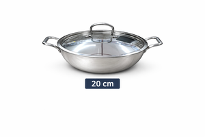 Wok (Kadhai) en acier inoxydable triple couche de qualité supérieure avec couvercle – Poêle de cuisson durable en argent avec poignées latérales 20 cm - Product Image 3